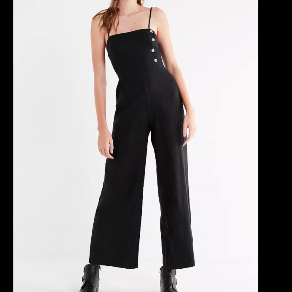 UO Black Straight-Neck Linen Button-Down Jumpsuit
